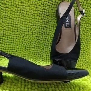 BLACK OPEN ANKLE LOW HEELS PATENT LEATHER